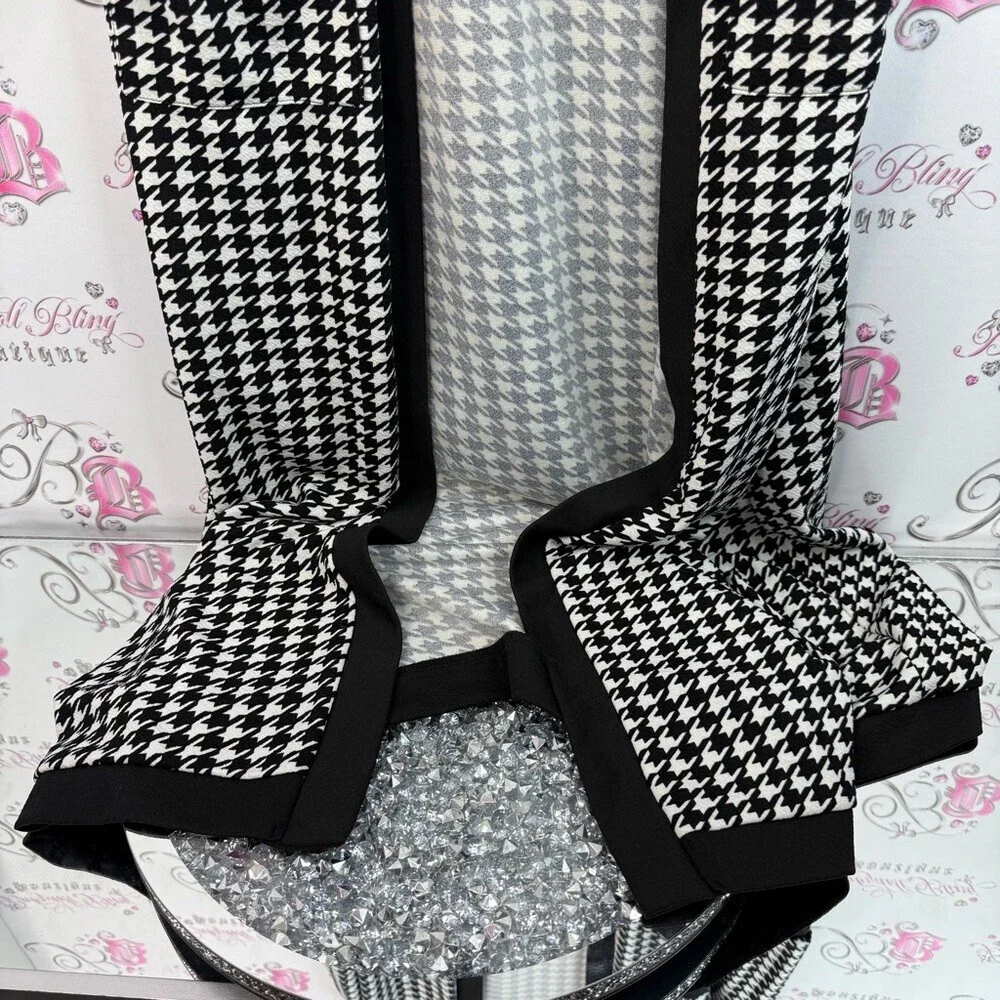 Cardigan long style color block Black and White Houndstooth Long Cardigan